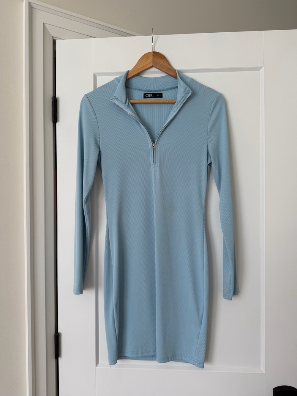 CBR Sky Blue Long Sleeve Zip-Neck Bodycon Dress (Small)
